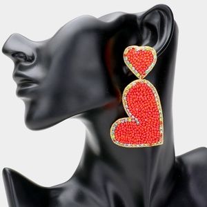 Red Bead Crystal Trim Double Heart Dangle Earrings